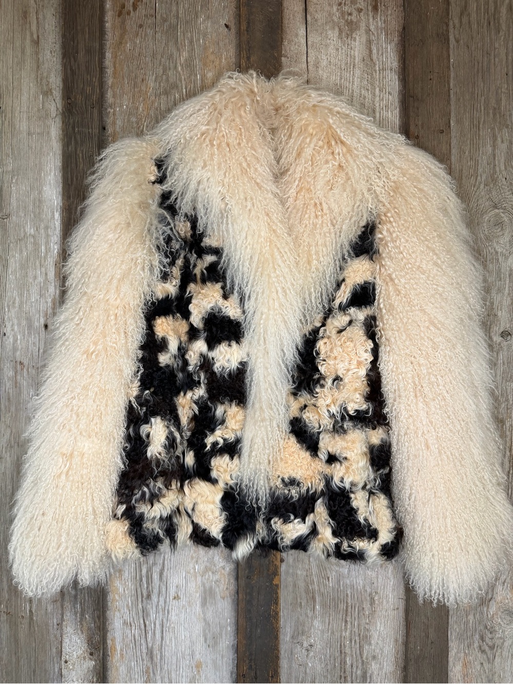 VTG 60s/70s Avanti Furs Mongolian Lamb Fur Shag Coat Black Cream Pattern Large